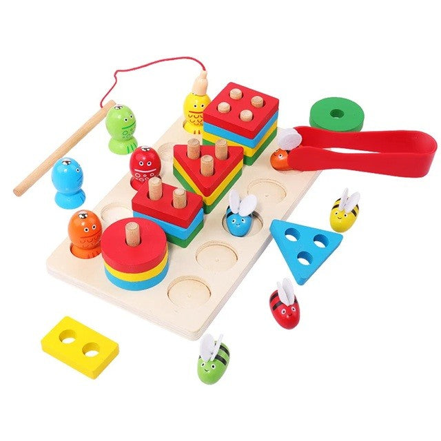 Montessori válogató és horgász játék, fa, +3 éves korig, mágnessel, halakkal és méhekkel