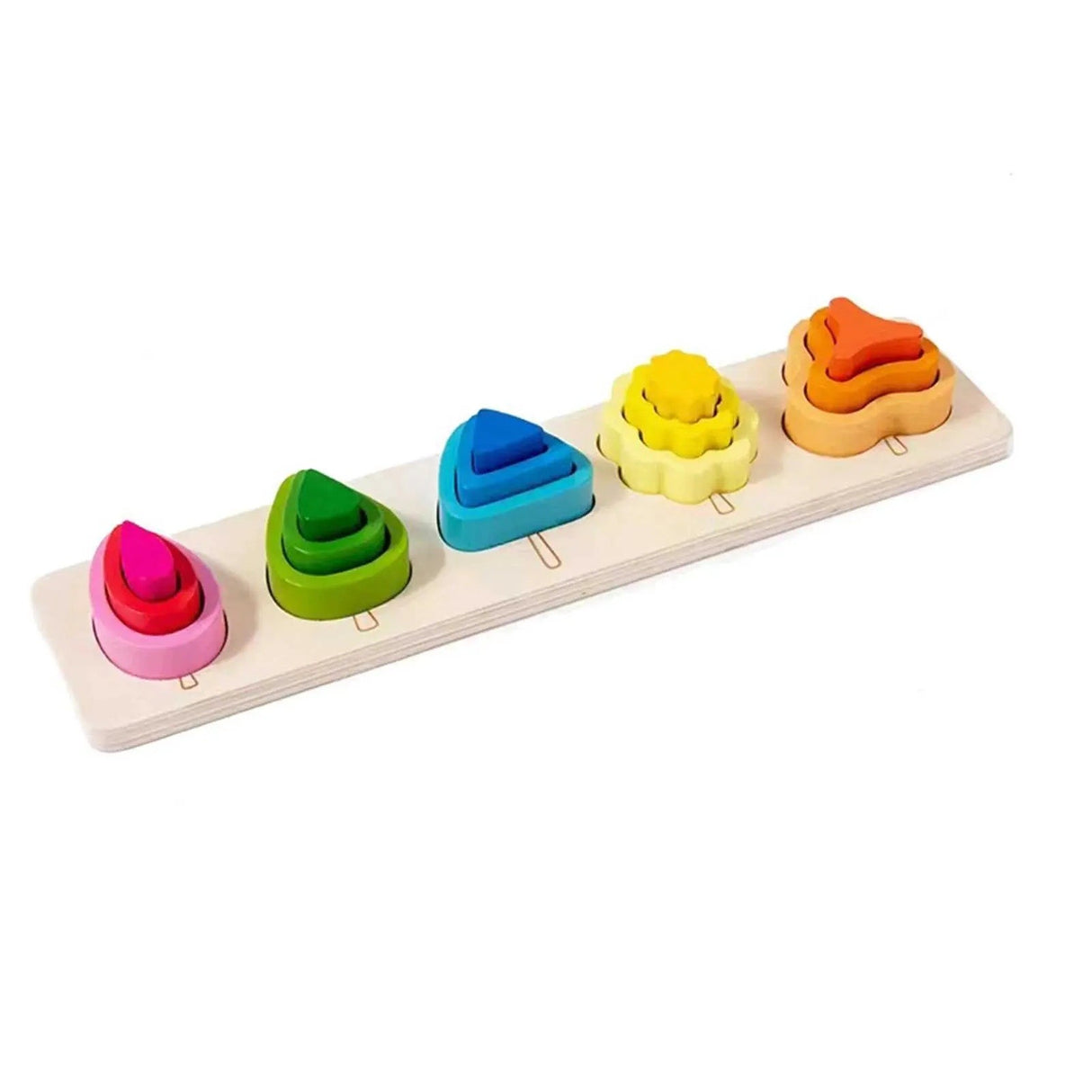 Jucarie Montessori Din Lemn, Tip Puzzle, Cu 5 Forme Asimetrice, 15 Piese, Educativa, Interactiva, Creativa, Model Copaci, Materiale Non Toxice, +2 Ani, 29X6.5 Cm, Multicolor - vivimall.ro