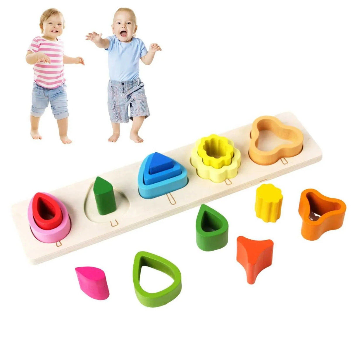 Jucarie Montessori Din Lemn, Tip Puzzle, Cu 5 Forme Asimetrice, 15 Piese, Educativa, Interactiva, Creativa, Model Copaci, Materiale Non Toxice, +2 Ani, 29X6.5 Cm, Multicolor - vivimall.ro