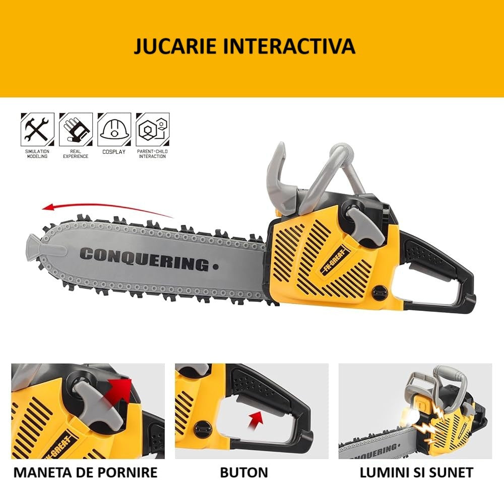 Jucarie Fierastrau Electric pentru Copii, Vivimall, cu Sunete și Lumini, Joc de Rol Interactiv, +3 Ani, 43 x 10 x 18.5 cm, Portocaliu - vivimall.ro
