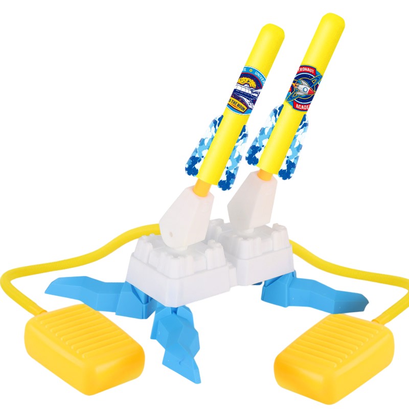 Jucarie pentru Copii, Vivimall, Lansator de Rachete cu Piciorul, Doua Lansatoare, 6 Rachete Fara Lumini, 33x25x27 cm, Galben-Albastru - vivimall.ro