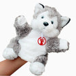 Păpușă de mână din pluș model Husky gri, 25x10x8 cm, vedere frontală completă