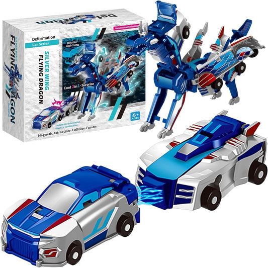 Jucarie Transformabila 2in1, Vivimall, Silver Wing Flying Dragon, Masina/Dragon, Atractie Magnetica, +6 Ani, din ABS, Albastru - vivimall.ro