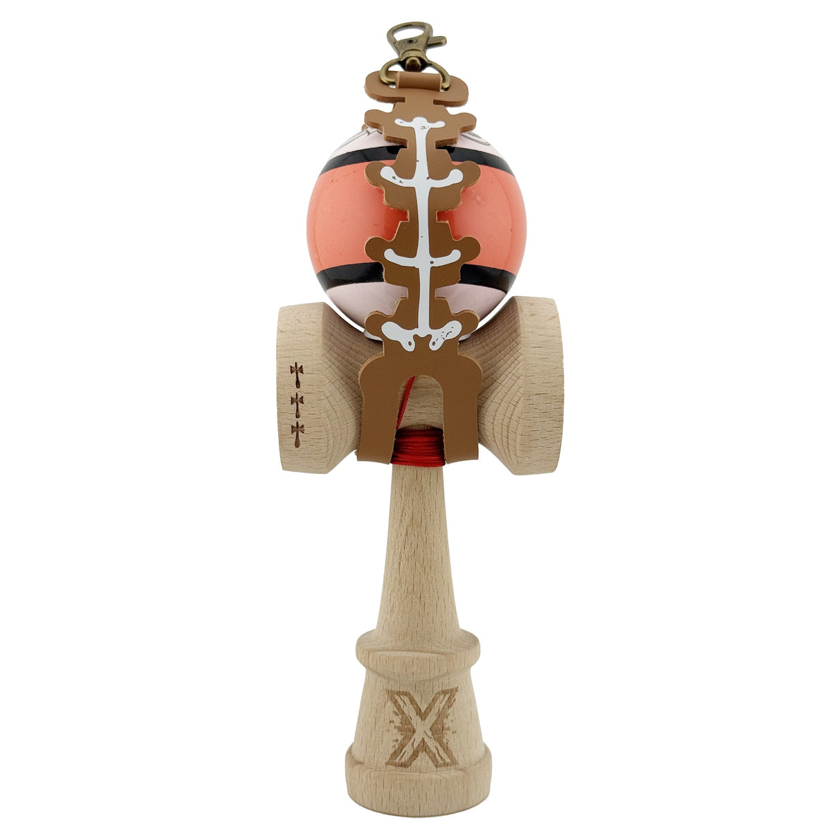 Husa pentru Kendama, Flippy, tip Pandativ/Breloc, Imprimeu Skull, din Piele Ecologica, 26 x 3.2 cm, Maro