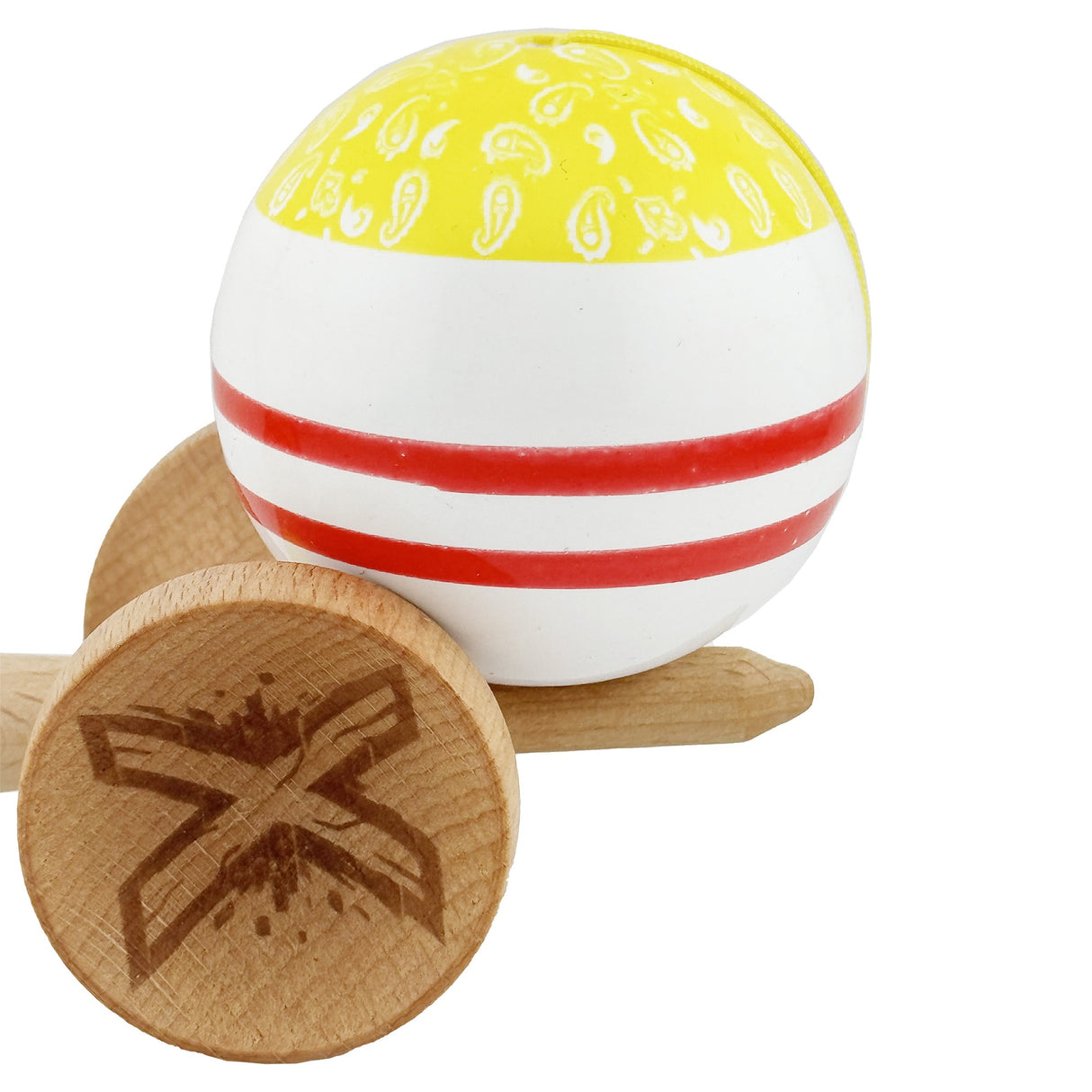 Kendama X CHICANOS Originala, Profesionala, Flippy, Big Cups V2, Super Sticky cu Cupe Mari, Rulment Metalic, din lemn 18 cm, Ata 55 cm, Auriu/Alb - vivimall.ro