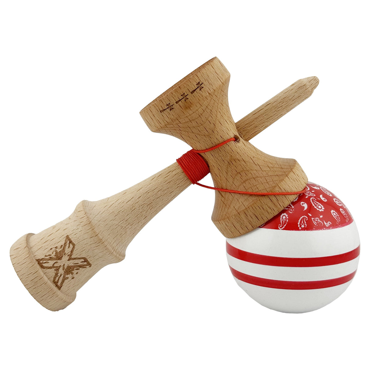 Kendama X CHICANOS Originala, Profesionala, Vivimall, Big Cups V2, Super Sticky cu Cupe Mari, Rulment Metalic, din lemn 18 cm, Ata 55 cm, Rosu/Alb - vivimall.ro
