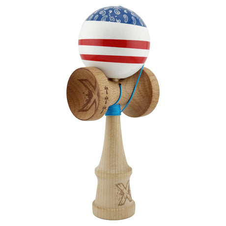 Kendama X CHICANOS Originala, Profesionala, Flippy, Big Cups V2, Super Sticky cu Cupe Mari, Rulment Metalic, din lemn 18 cm, Ata 55 cm, Albastru/Alb - vivimall.ro