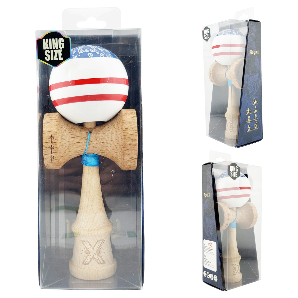 Kendama X CHICANOS Originala, Profesionala, Vivimall, Big Cups V2, Super Sticky cu Cupe Mari, Rulment Metalic, din lemn 18 cm, Ata 55 cm, Albastru/Alb - vivimall.ro