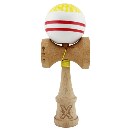 Kendama X CHICANOS Originala, Profesionala, Flippy, Big Cups V2, Super Sticky cu Cupe Mari, Rulment Metalic, din lemn 18 cm, Ata 55 cm, Auriu/Alb - vivimall.ro