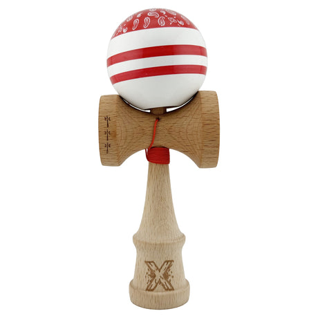 Kendama X CHICANOS Originala, Profesionala, Flippy, Big Cups V2, Super Sticky cu Cupe Mari, Rulment Metalic, din lemn 18 cm, Ata 55 cm, Rosu/Alb - vivimall.ro