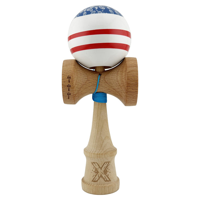 Kendama X CHICANOS Originala, Profesionala, Vivimall, Big Cups V2, Super Sticky cu Cupe Mari, Rulment Metalic, din lemn 18 cm, Ata 55 cm, Albastru/Alb - vivimall.ro