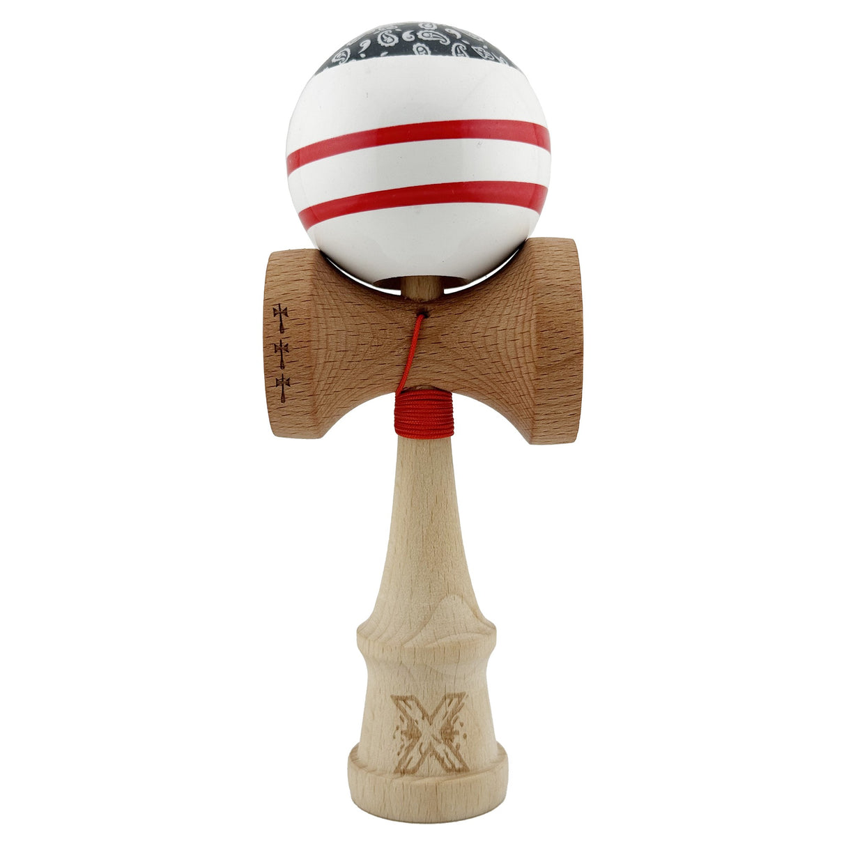 Kendama X CHICANOS Originala, Profesionala, Flippy, Big Cups V2, Super Sticky cu Cupe Mari, Rulment Metalic, din lemn 18 cm, Ata 55 cm, Negru/Alb - vivimall.ro