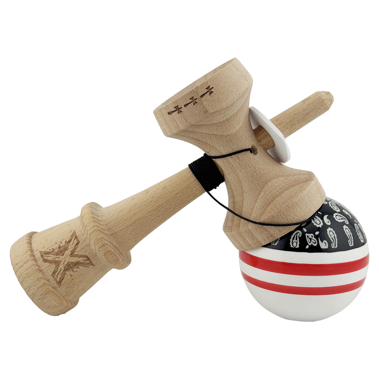 Kendama X Originala CHICANOS, Profesionala, Vivimall, Cupe Mari KING SIZE V3, Super Sticky, Gaura in Baza, Rulment Metalic, din lemn 18 cm, Ata 55 cm, Negru/Alb - vivimall.ro