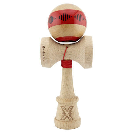 Kendama X Originala FREQUENCY, Profesionala, Vivimall, Cupe Mari KING SIZE V3, Super Sticky, Gaura in Baza, Rulment Metalic, din lemn 18 cm, Ata 55 cm, Rosu/Maro