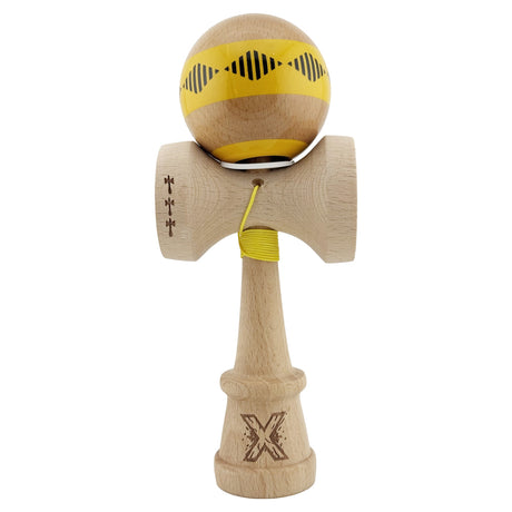 Kendama X Originala FREQUENCY, Profesionala, Vivimall, Cupe Mari KING SIZE V3, Super Sticky, Gaura in Baza, Rulment Metalic, din lemn 18 cm, Ata 55 cm, Galben/Maro