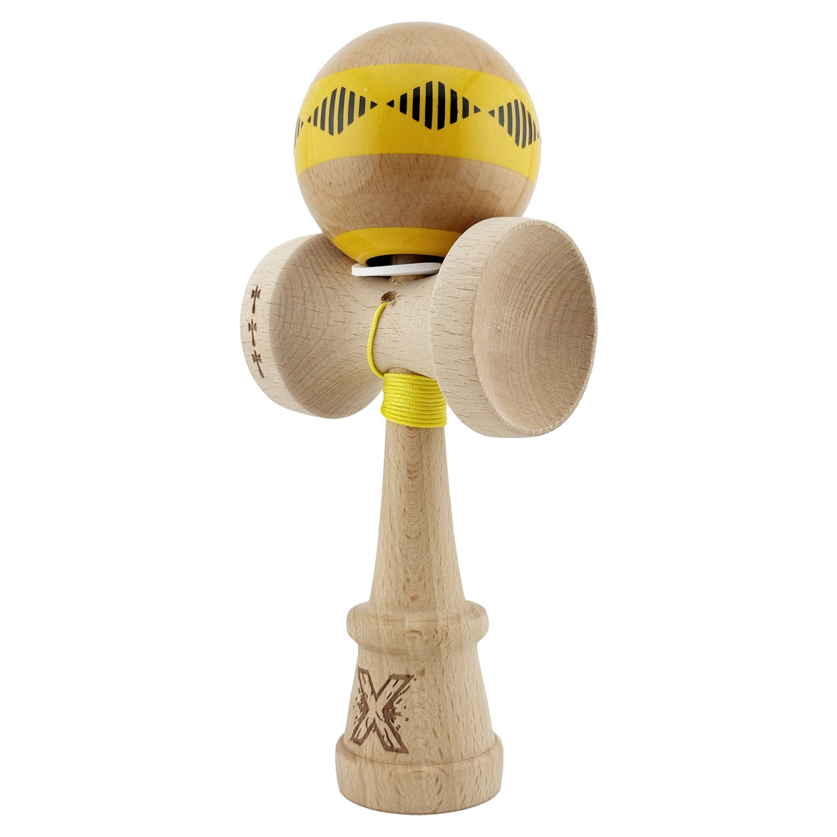 Kendama X Originala FREQUENCY, Profesionala, Vivimall, Cupe Mari KING SIZE V3, Super Sticky, Gaura in Baza, Rulment Metalic, din lemn 18 cm, Ata 55 cm, Galben/Maro