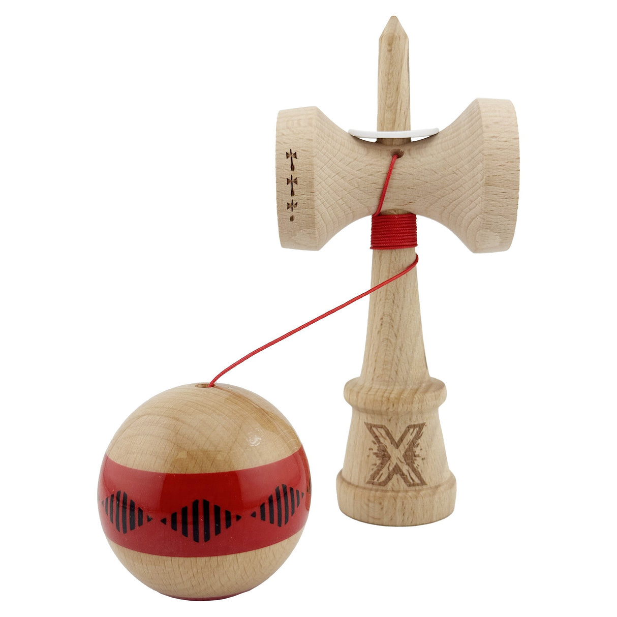 Kendama X Originala FREQUENCY, Profesionala, Vivimall, Cupe Mari KING SIZE V3, Super Sticky, Gaura in Baza, Rulment Metalic, din lemn 18 cm, Ata 55 cm, Rosu/Maro