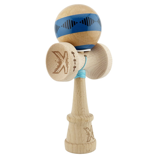 Kendama X Originala FREQUENCY, Profesionala, Vivimall, Cupe Mari KING SIZE V3, Super Sticky, Gaura in Baza, Rulment Metalic, din lemn 18 cm, Ata 55 cm, Albastru/Maro - vivimall.ro