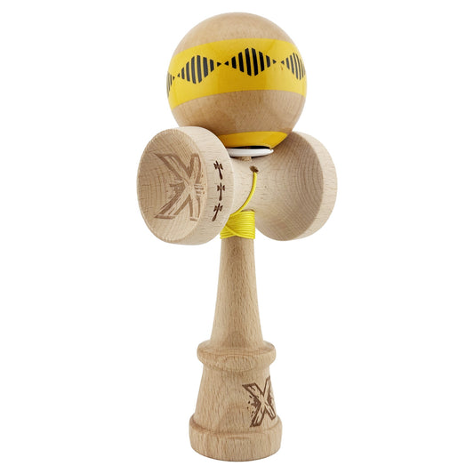 Kendama X Originala FREQUENCY, Profesionala, Vivimall, Cupe Mari KING SIZE V3, Super Sticky, Gaura in Baza, Rulment Metalic, din lemn 18 cm, Ata 55 cm, Galben/Maro - vivimall.ro