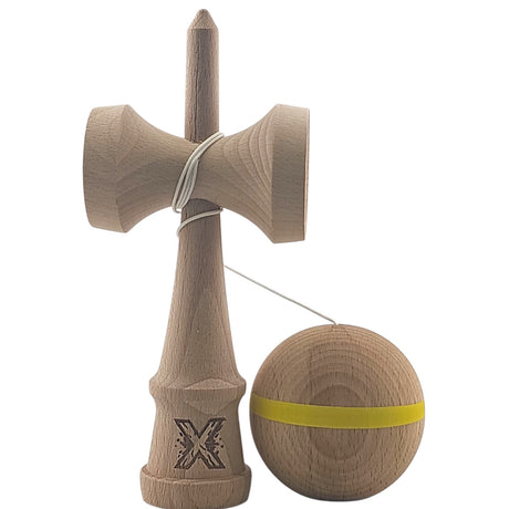 Kendama X Originală, Profesională, Vivimall, din Lemn, 18 cm, cu Dunga, Galben, Lemn - vivimall.ro
