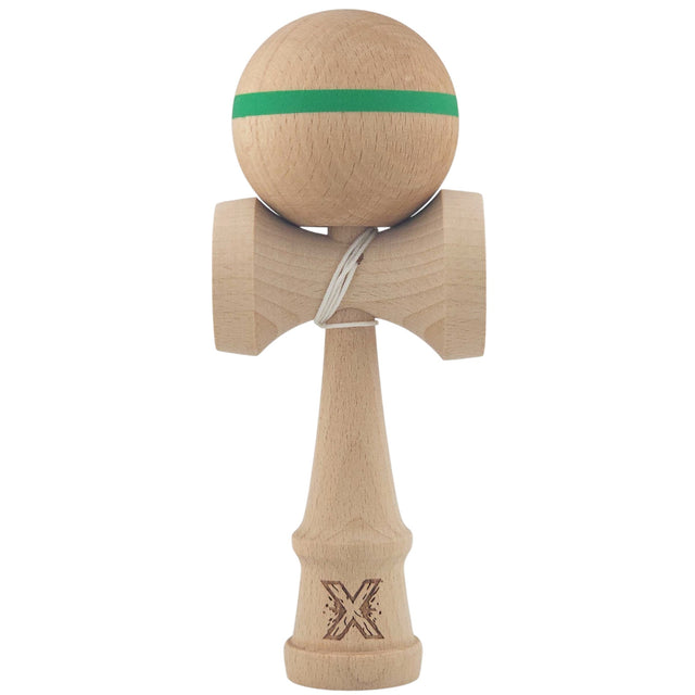 Kendama X Originală, Profesională, Vivimall, din Lemn,18 cm, Model cu Dunga Verde - vivimall.ro