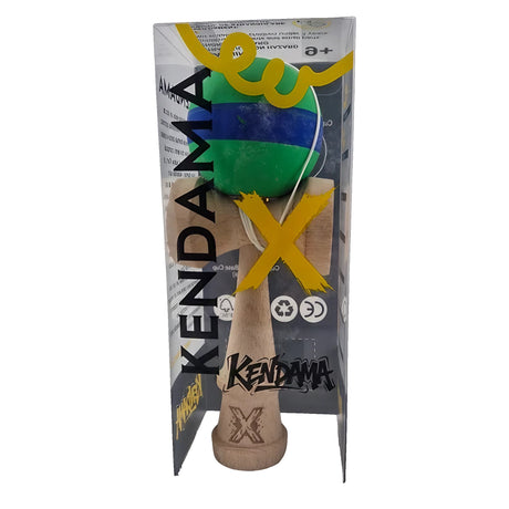 Kendama X Originala, Profesionala, Vivimall, 18 cm, din Lemn, Rubber Grip, Verde/Albastru - vivimall.ro