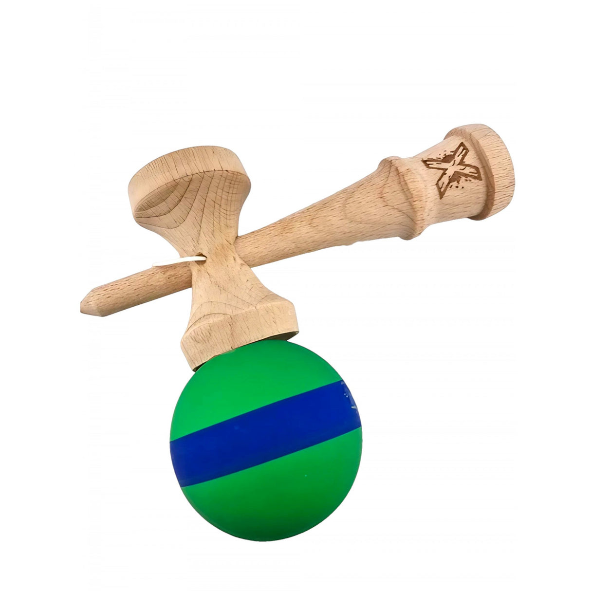 Kendama X Originala, Profesionala, Flippy, 18 cm, din Lemn, Rubber Grip, Verde/Albastru