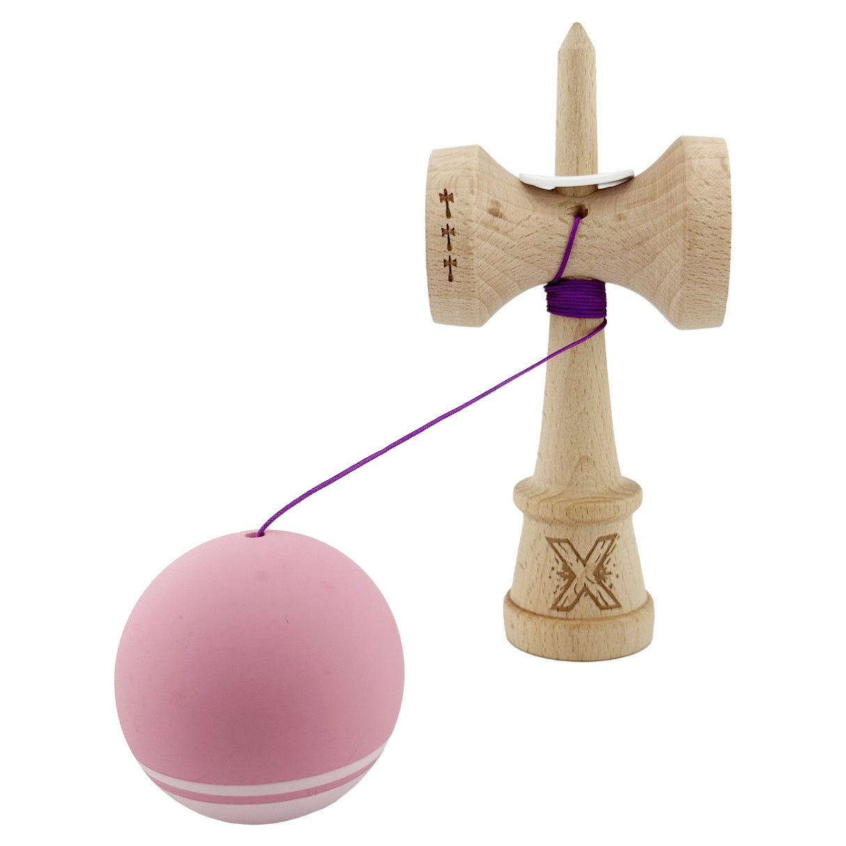 Kendama X Originala, Profesionala, Vivimall, Rubber Grip, Cupe Mari KING SIZE V3, Gaura in Baza, Rulment Metalic, din lemn 18 cm, Ata 55 cm, Bicolor Roz/Roz deschis - vivimall.ro