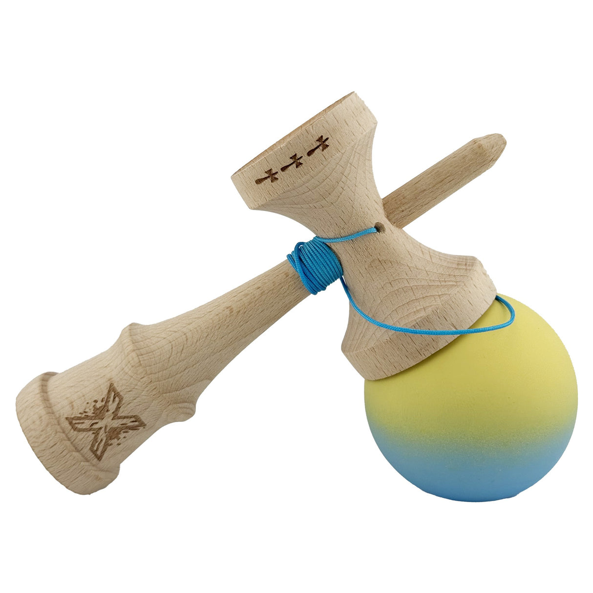 Kendama X Originala, Profesionala, Flippy, Big Cups V2, Rubber Grip cu Cupe Mari, Rulment Metalic cu Ata 55 cm,-Gradient Galben/Albastru - vivimall.ro