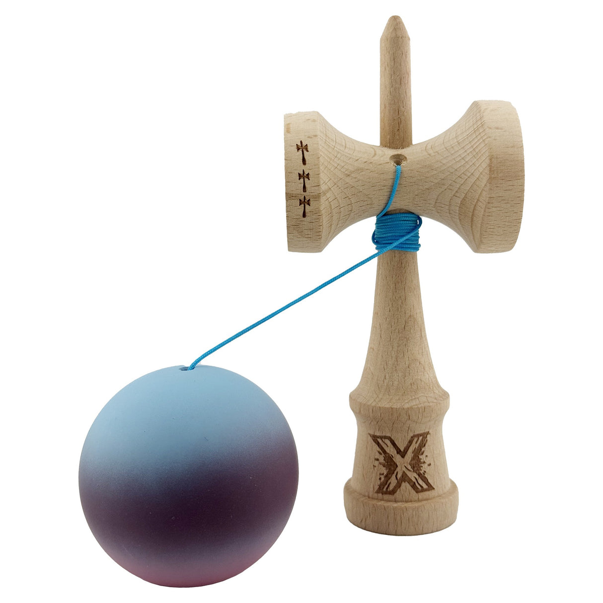 Kendama X Originala, Profesionala, Flippy, Big Cups V2, Rubber Grip cu Cupe Mari, Rulment Metalic cu Ata 55 cm,-Gradient Albastru/Mov/Roz - vivimall.ro