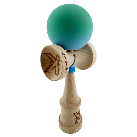 Kendama X Originala, Profesionala, Flippy, Big Cups V2, Rubber Grip cu Cupe Mari, Rulment Metalic cu Ata 55 cm,-Verde/Albastru - vivimall.ro