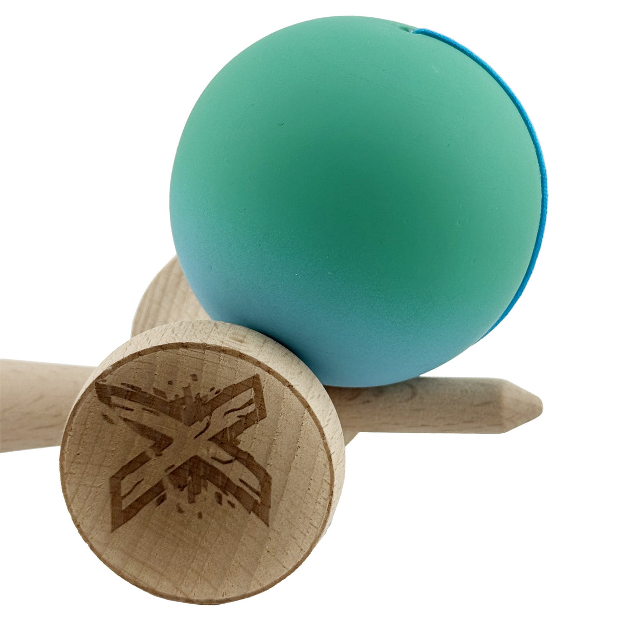 Kendama X Originala, Profesionala, Flippy, Big Cups V2, Rubber Grip cu Cupe Mari, Rulment Metalic cu Ata 55 cm,-Verde/Albastru - vivimall.ro