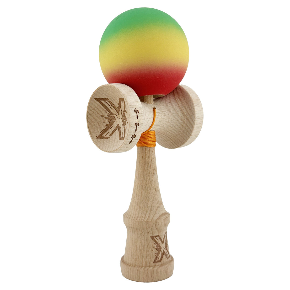 Kendama X Originala, Profesionala, Flippy, Big Cups V2, Rubber Grip cu Cupe Mari, Rulment Metalic cu Ata 55 cm, Verde/Galben/Rosu - vivimall.ro