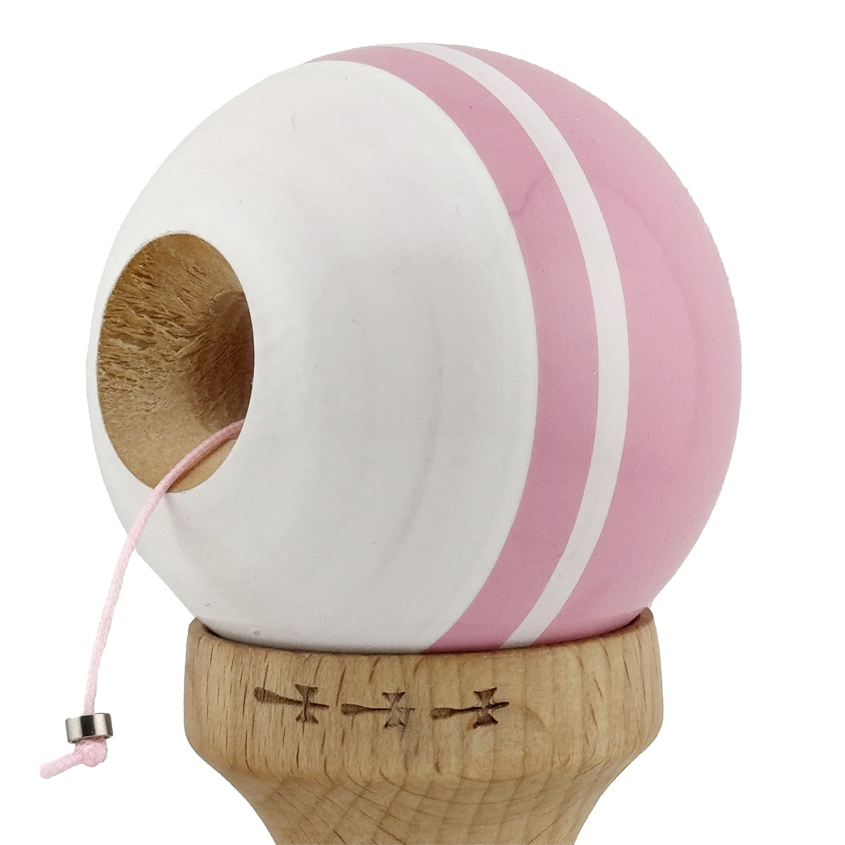 Kendama X Originala, Profesionala, Flippy, Big Cups V2, Super Sticky cu Cupe Mari, din lemn 18 cm, Rulment Metalic cu Ata 55 cm, Roz/Alb - vivimall.ro