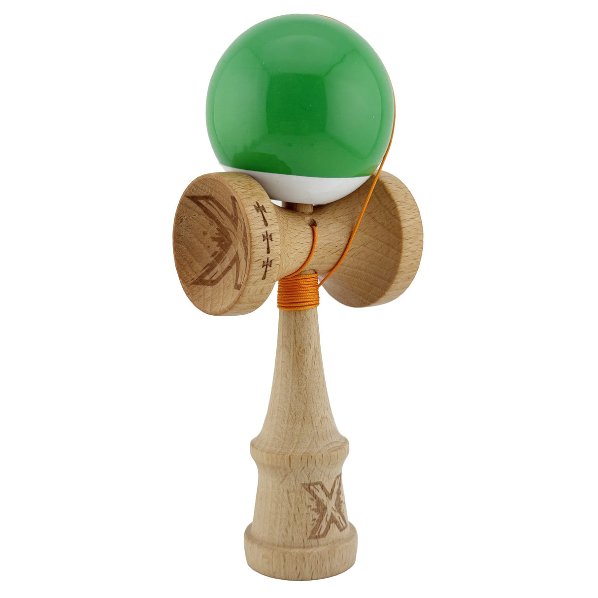 Kendama X Originala, Profesionala, Flippy, Big Cups V2, Super Sticky cu Cupe Mari, din lemn 18 cm, Rulment Metalic cu Ata 55 cm, Verde/Alb - vivimall.ro