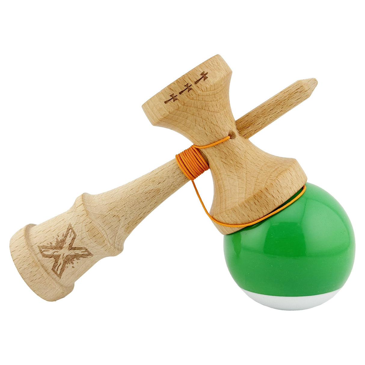 Kendama X Originala, Profesionala, Vivimall, Big Cups V2, Super Sticky cu Cupe Mari, din lemn 18 cm, Rulment Metalic cu Ata 55 cm, Verde/Alb - vivimall.ro