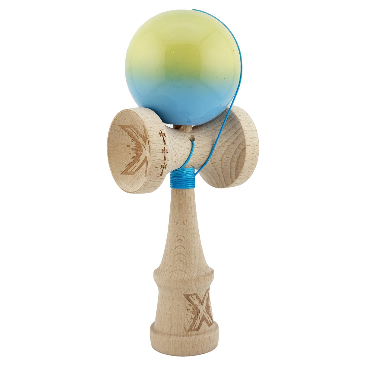 Kendama X Originala, Profesionala, Vivimall, Big Cups V2, Super Sticky, Rulment Metalic cu Ata 55 cm, Galben/Verde/ albastru - vivimall.ro