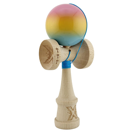Kendama X Originala, Profesionala, Vivimall, Big Cups V2, Super Sticky, Rulment Metalic cu Ata 55 cm, Roz/Galben/Albastru - vivimall.ro