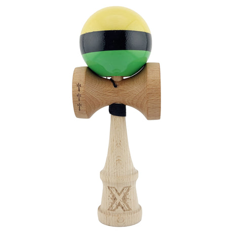 Kendama X Originala, Profesionala, Flippy, Big Cups V2, Super Sticky cu Cupe Mari, din lemn 18 cm, Rulment Metalic cu Ata 55 cm, Galben/Negru/Verde - vivimall.ro