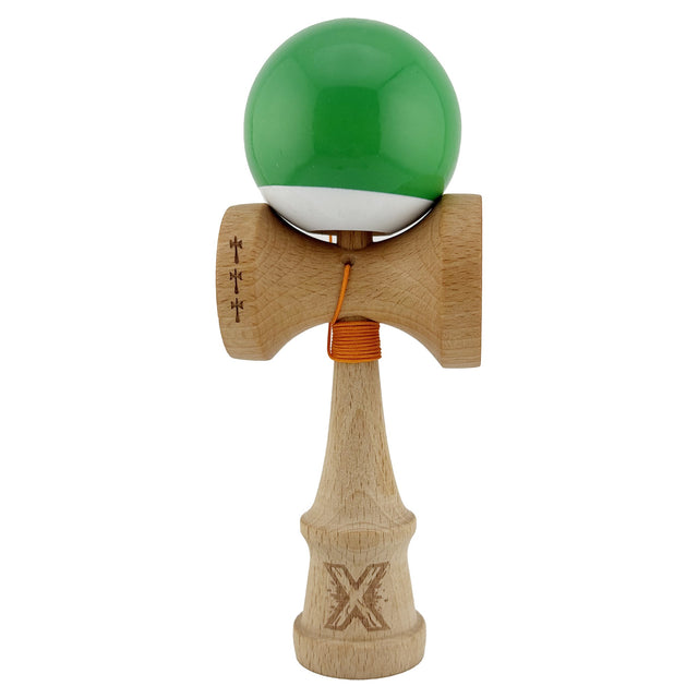 Kendama X Originala, Profesionala, Flippy, Big Cups V2, Super Sticky cu Cupe Mari, din lemn 18 cm, Rulment Metalic cu Ata 55 cm, Verde/Alb - vivimall.ro