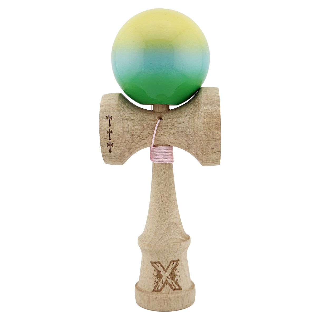 Kendama X Originala, Profesionala, Vivimall, Big Cups V2, Super Sticky cu Cupe Mari, din lemn 18 cm, Rulment Metalic cu Ata 55 cm, Galben/Albastru/Verde - vivimall.ro