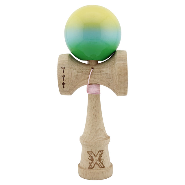 Kendama X Originala, Profesionala, Vivimall, Big Cups V2, Super Sticky cu Cupe Mari, din lemn 18 cm, Rulment Metalic cu Ata 55 cm, Galben/Albastru/Verde - vivimall.ro