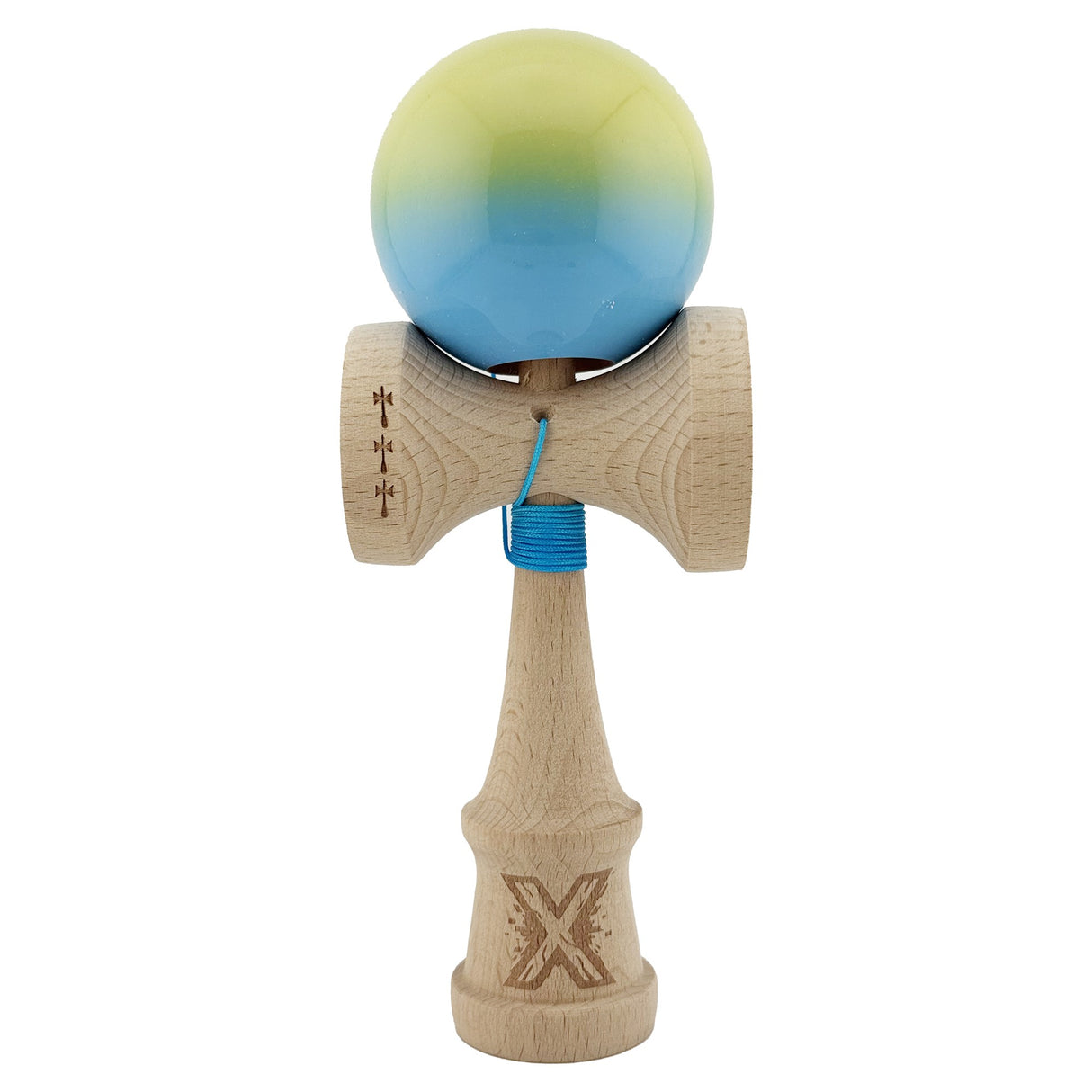 Kendama X Originala, Profesionala, Vivimall, Big Cups V2, Super Sticky, Rulment Metalic cu Ata 55 cm, Galben/Verde/ albastru - vivimall.ro