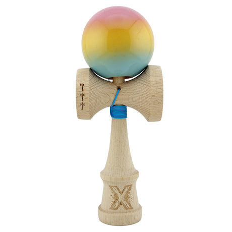 Kendama X Originala, Profesionala, Vivimall, Big Cups V2, Super Sticky, Rulment Metalic cu Ata 55 cm, Roz/Galben/Albastru - vivimall.ro