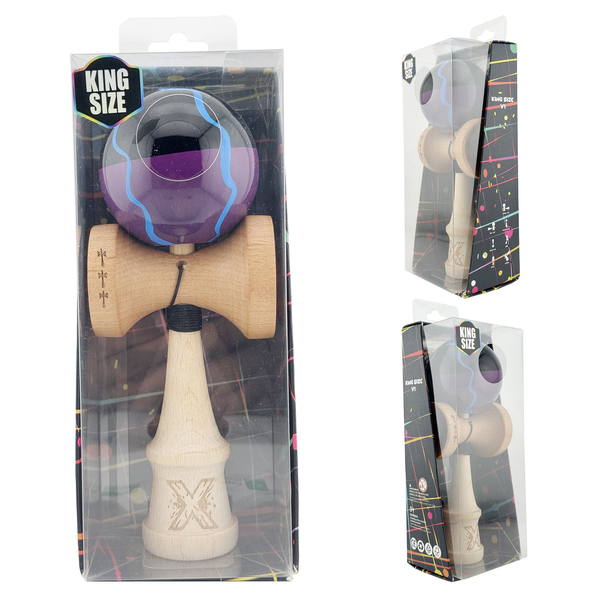 Kendama X Originala, Profesionala, Vivimall, Big Cups V2, Super Sticky cu Cupe Mari, Rulment Metalic, din lemn 18 cm, Ata 55 cm, Negru/Mov