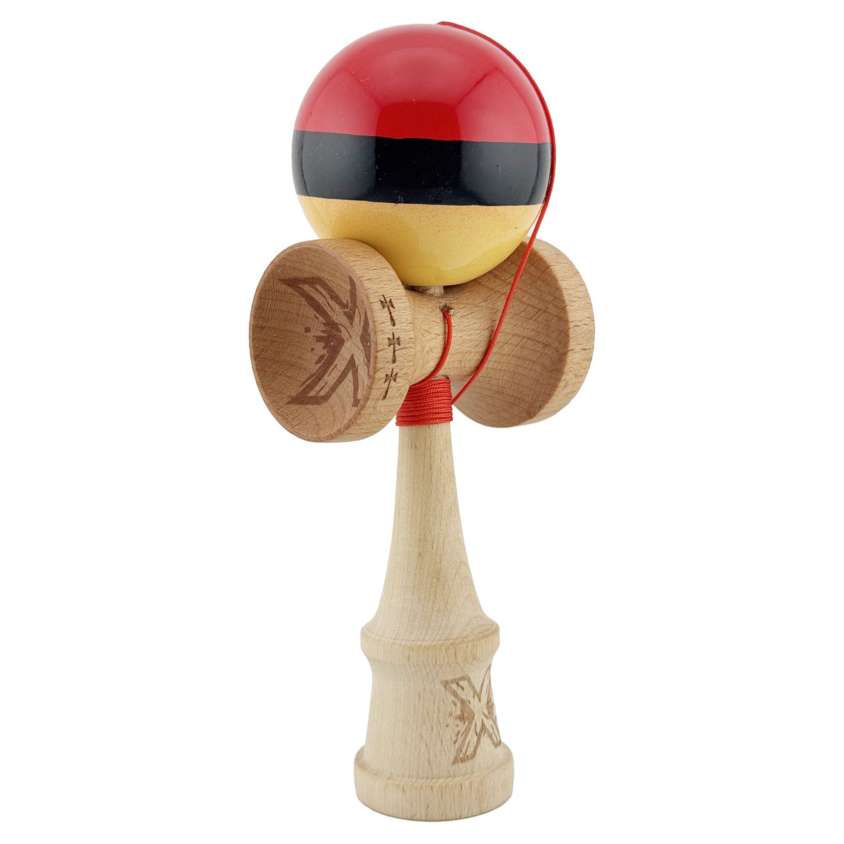 Kendama X Originala, Profesionala, Vivimall, Big Cups V2, Super Sticky, Rulment Metalic cu Ata 55 cm, rosu/negru/galben - vivimall.ro
