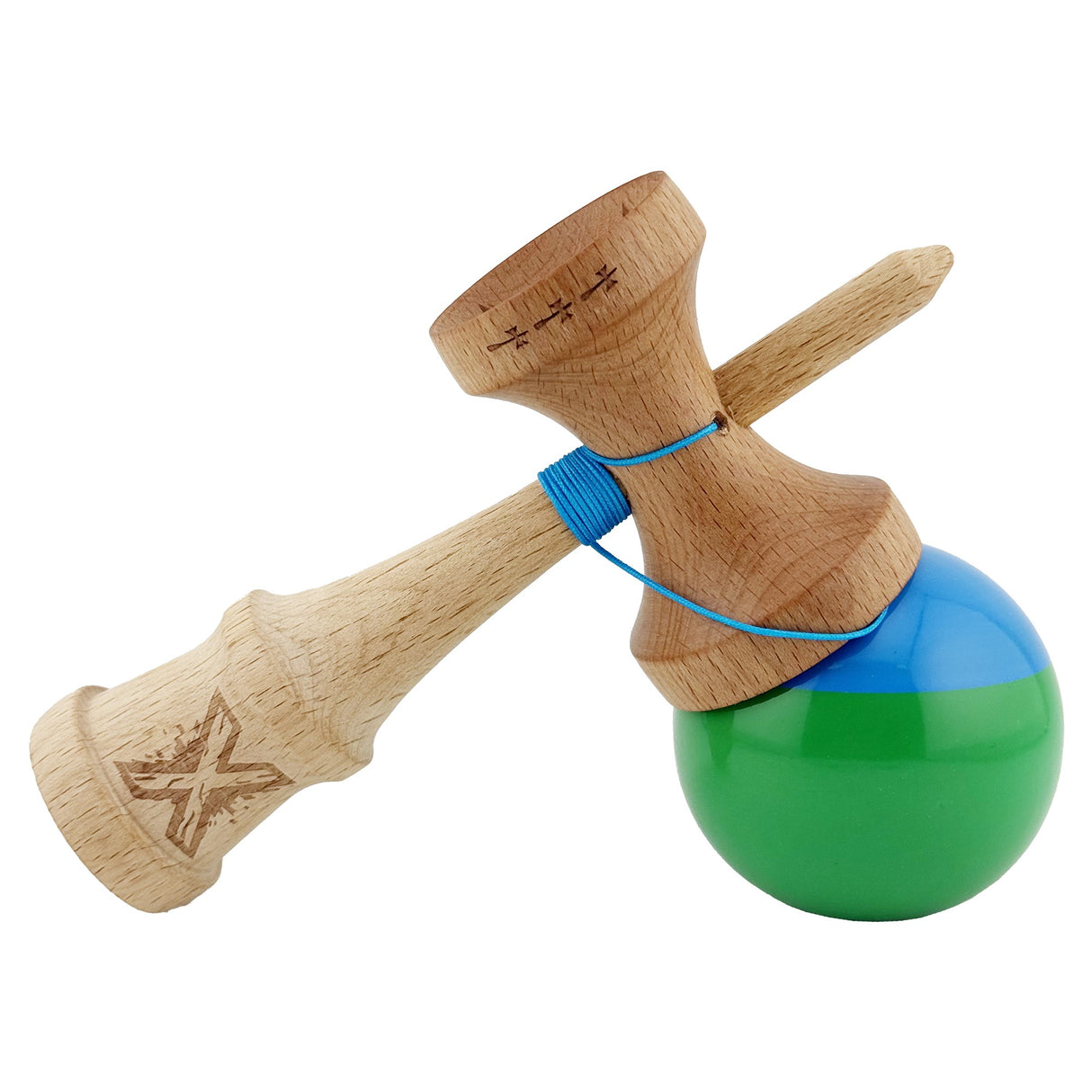 Kendama X Originala, Profesionala, Flippy, Big Cups V2, Super Sticky cu Cupe Mari, Rulment Metalic, din lemn 18 cm, Ata 55 cm, Albastru/Verde