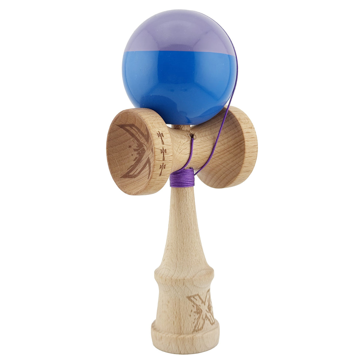 Kendama X Originala, Profesionala, Flippy, Big Cups V2, Super Sticky cu Cupe Mari, Rulment Metalic, din lemn 18 cm, Ata 55 cm, Mov/Albastru