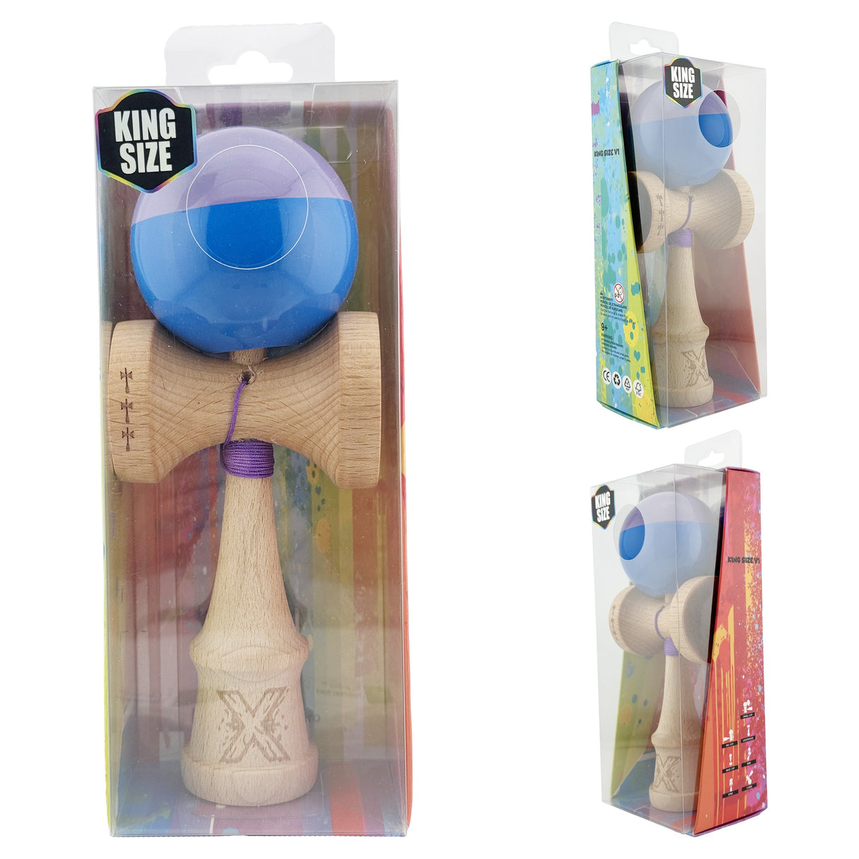 Kendama X Originala, Profesionala, Flippy, Big Cups V2, Super Sticky cu Cupe Mari, Rulment Metalic, din lemn 18 cm, Ata 55 cm, Mov/Albastru