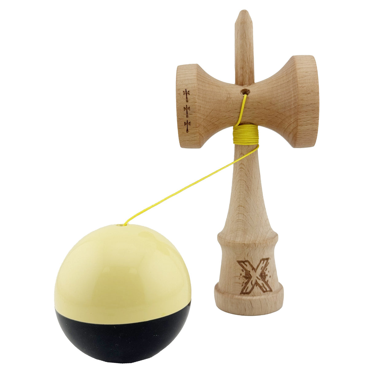 Kendama X Originala, Profesionala, Flippy, Big Cups V2, Super Sticky cu Cupe Mari, Rulment Metalic, din lemn 18 cm, Ata 55 cm, Galben/Negru